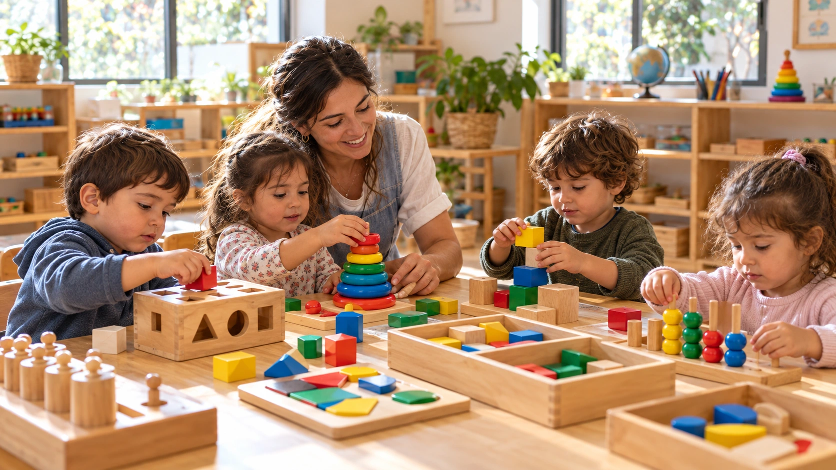 Una educadora acompaña a niños y niñas explorando materiales Montessori en el aula