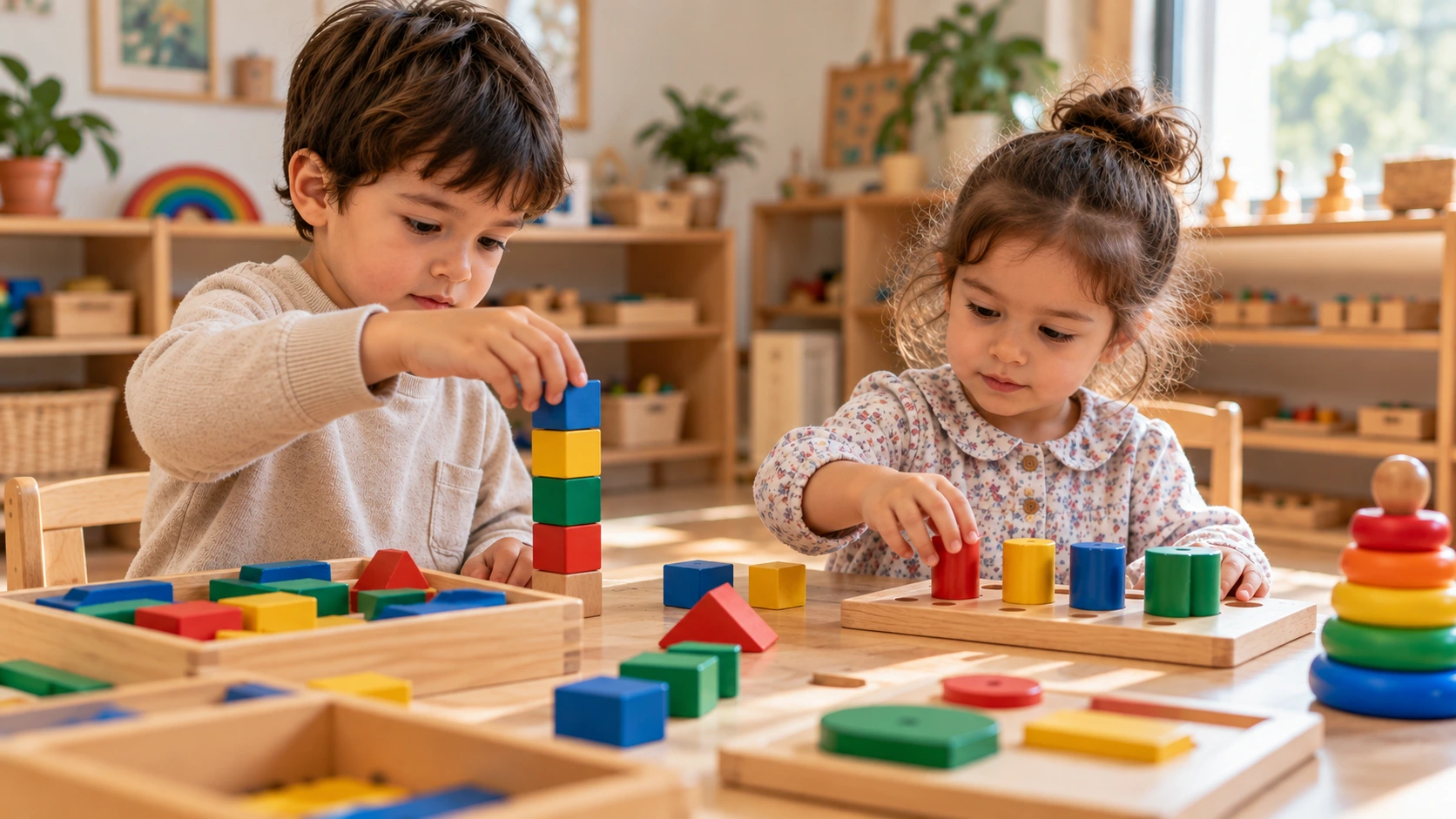 Dos niños exploran formas y colores con materiales de madera Montessori
